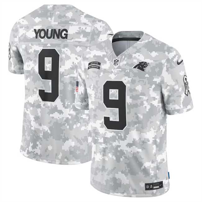 Mens Carolina Panthers #9 Bryce Young 2024 Arctic Camo Salute To Service Limited Stitched Jersey Dyin